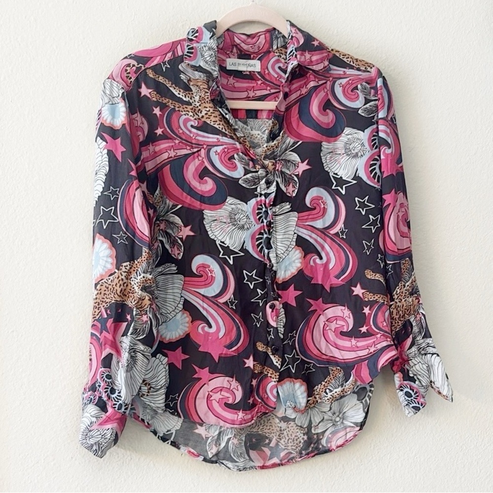 RARE Las Surenas Grey Pink Stars Cheetah Button Down Shirt size Small